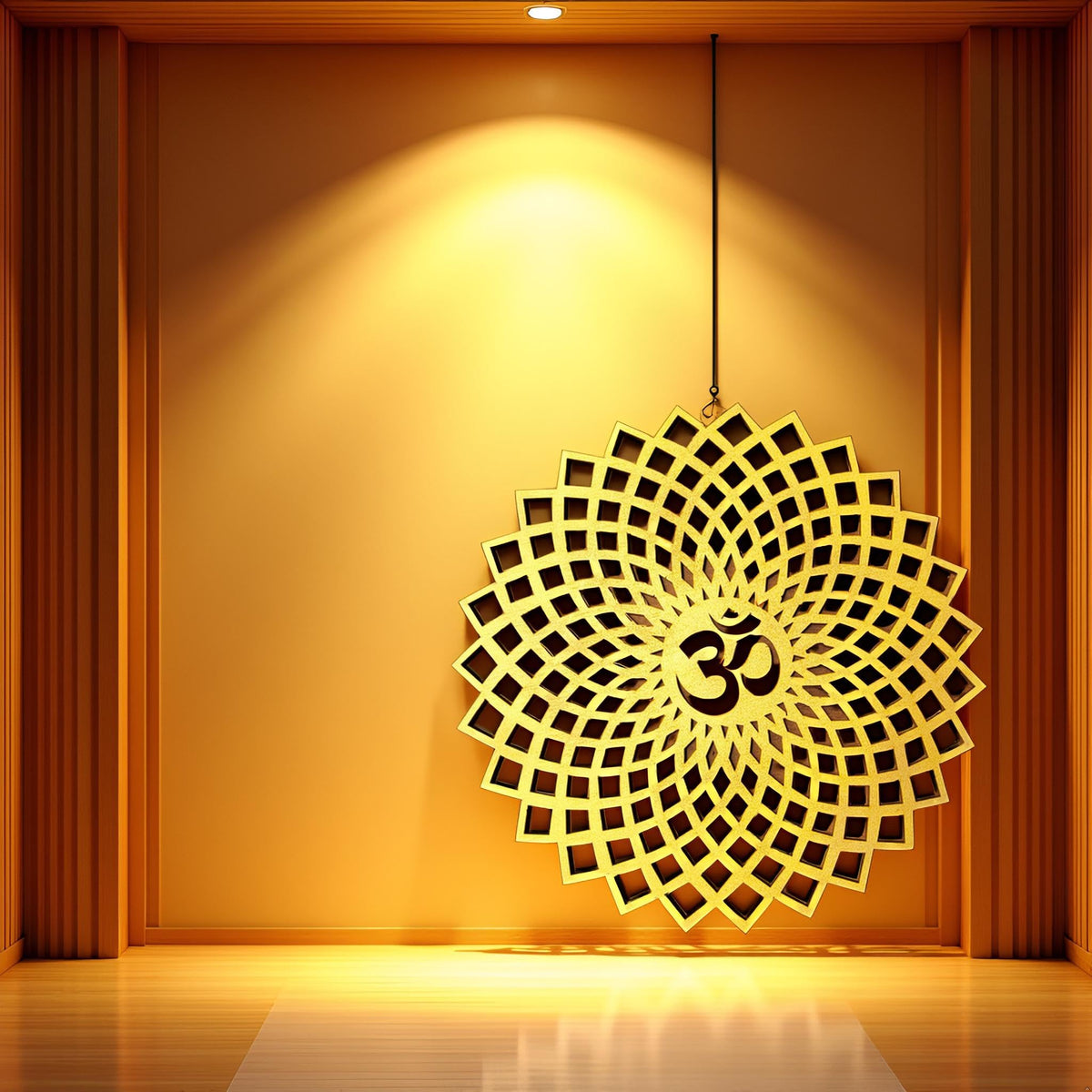Golden Om Round Decorative Wall Art Mdf Wooden Om Chakra For Temple (GEOMETRY OM-Gold / 10"L x 10"W)