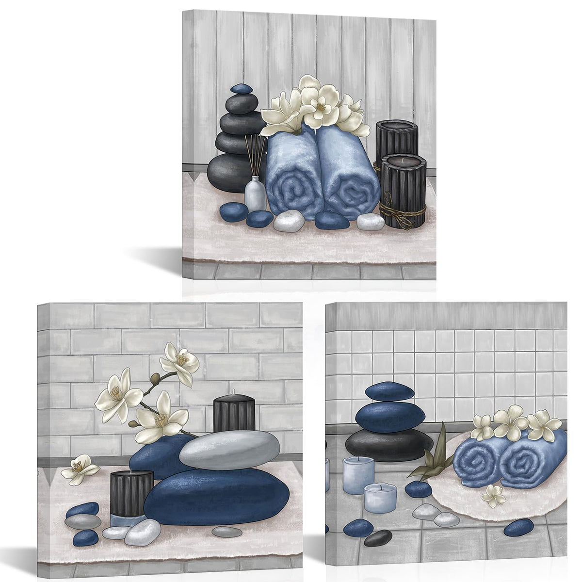 Spa Canvas Wall Art Zen Stone Orchid Picture Painting Navy Blue Still Life Prints for Bathroom Zen Meditation Room Decor Framed 12"x12" for Each (navy)