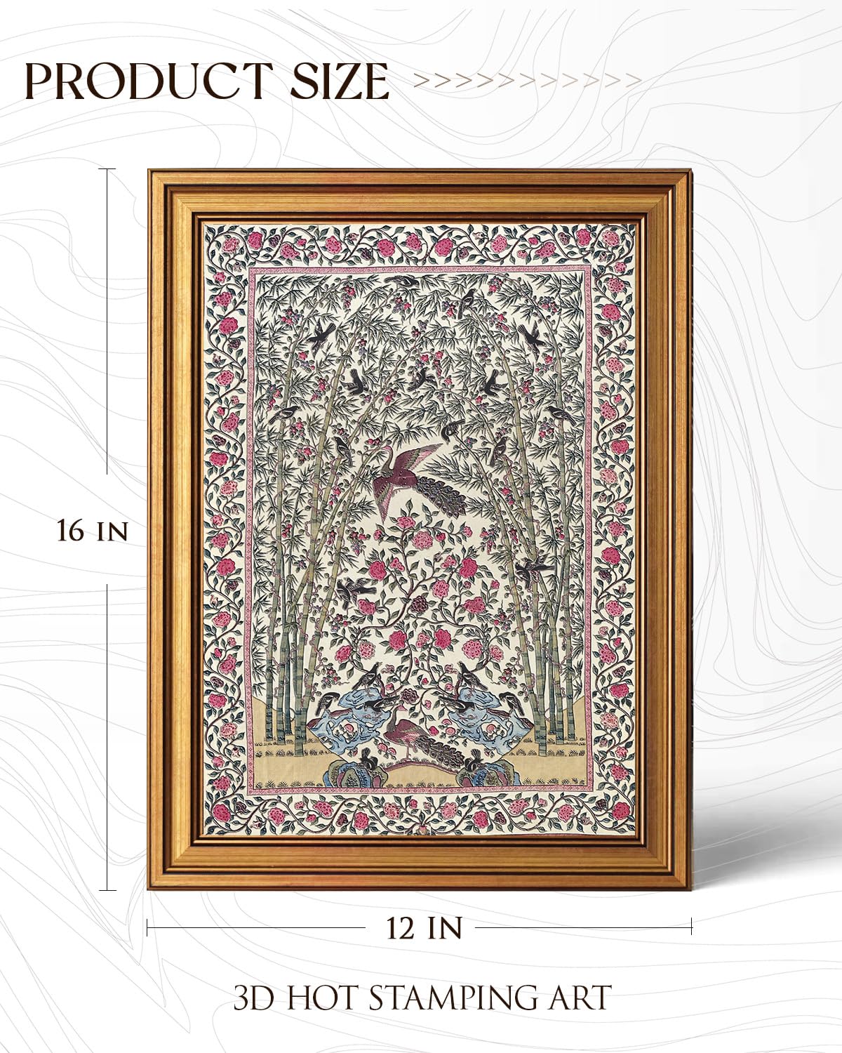 3D Textured Gold Framed Wall Art (Bamboo and Peacock / 16"L x 12"W)