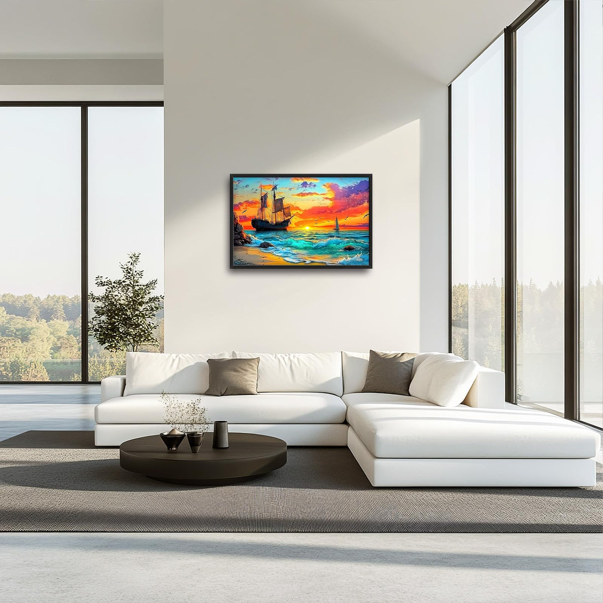 Large Framed Ship Wall Art Coastal Beach Boat Wall Decor 36"x24" (sea / 36"L x 24"W)