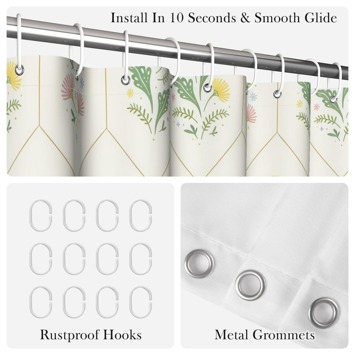 Floral Geometric Shower Curtain with Hooks (Colorful Floral / 72"W x 72"L (Pack of 1))