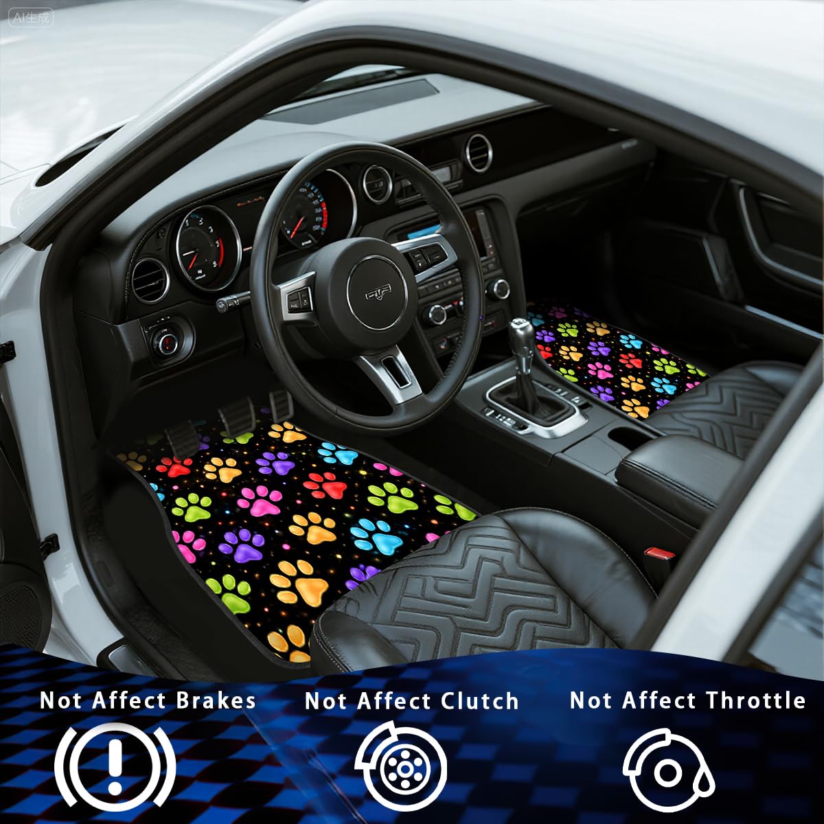 Paw Print Car Floor Mats Set of 4 Neon Color Starry Pattern Automotive Foot Mats Rugs Carpet for Car Non (26.8"L x 17.3"W x 0.2"Th / Paw Print)
