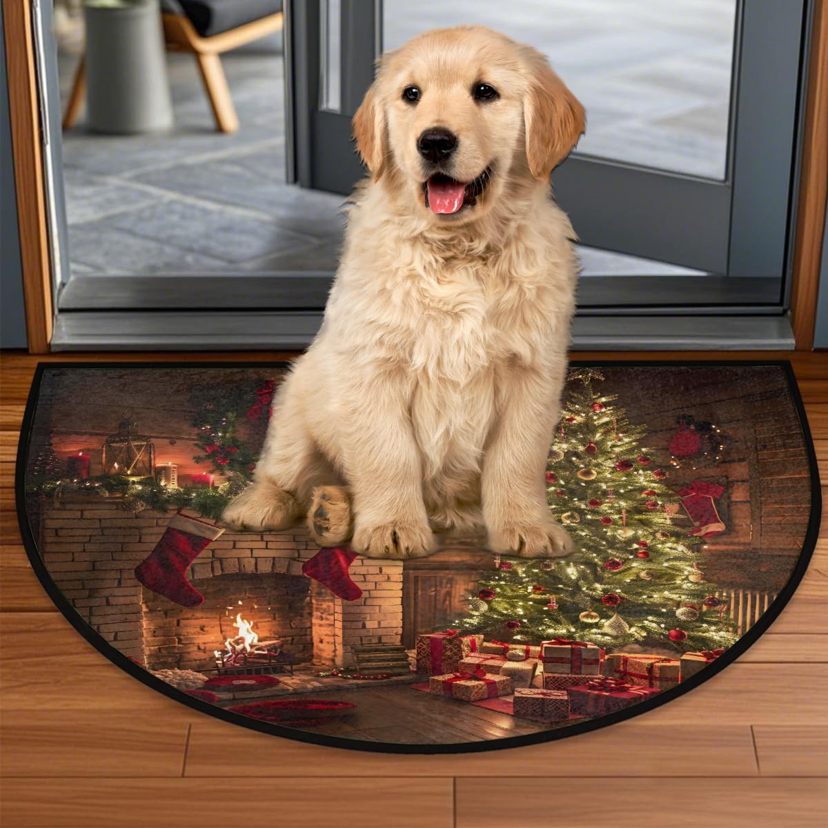 Half Round Doormat Christmas Fireplace Tree Decor Semi Circle Rug Non Slip Indoor Outdoor Entrance Half Moon Rug Washable Front Floor Mat for Kitchen Bathroom Patio Fireplace Holiday Decor A (Z:christmas 7)