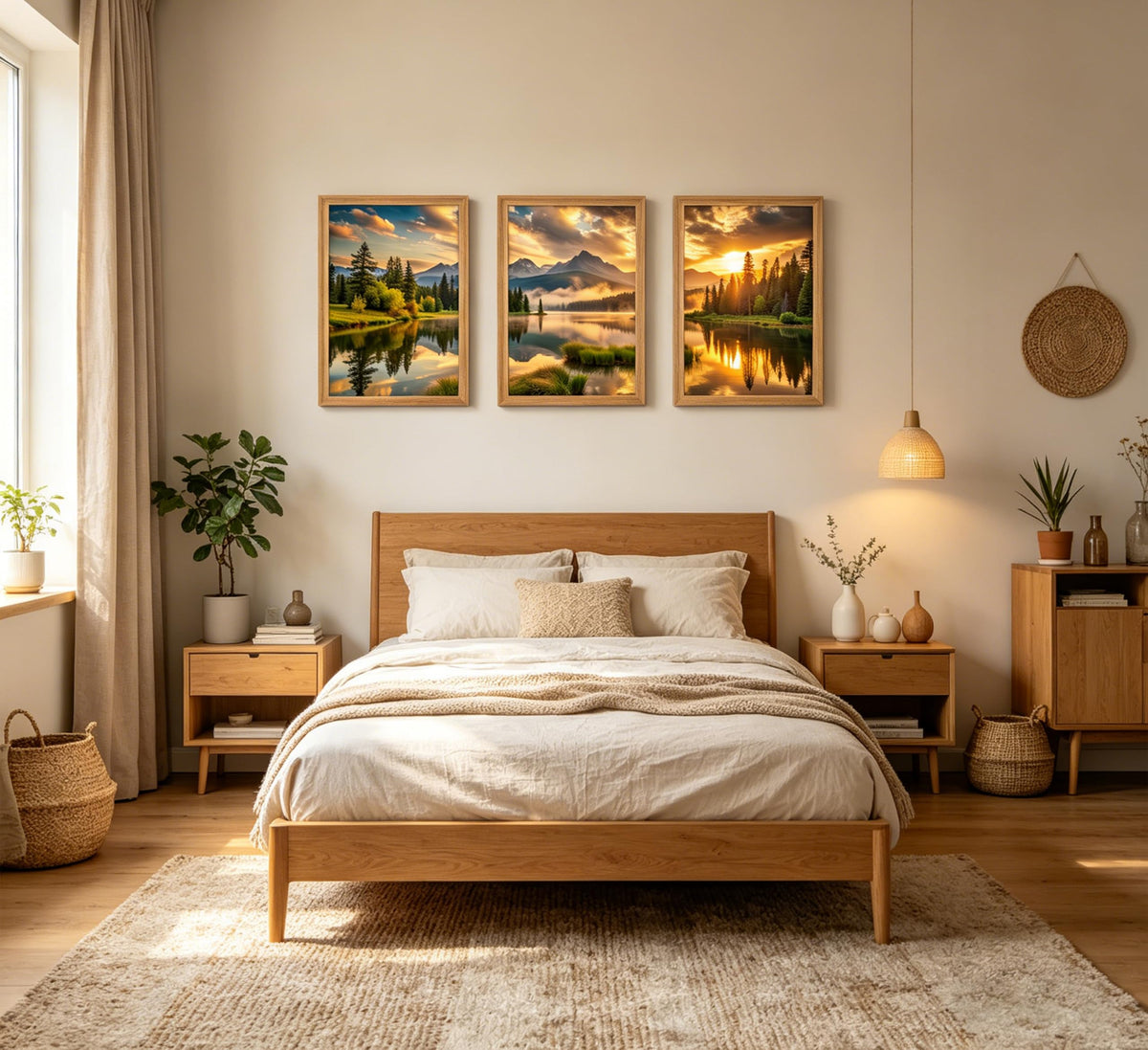 3Pcs Framed Mountain Lake Sunset Landscape Canvas Wall Art (Golden yellow / 16"L x 12"W)
