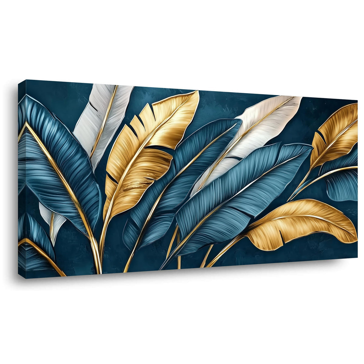 Navy Blue Tropical Leaf Wall Art for Living Room Canvas Painting Prints Botanical Banana Leaves Nature Gold Modern Artwork Office Bedroom Family Decor Large (46L" x 23W" / Gold and Blue Wall Art(k828))