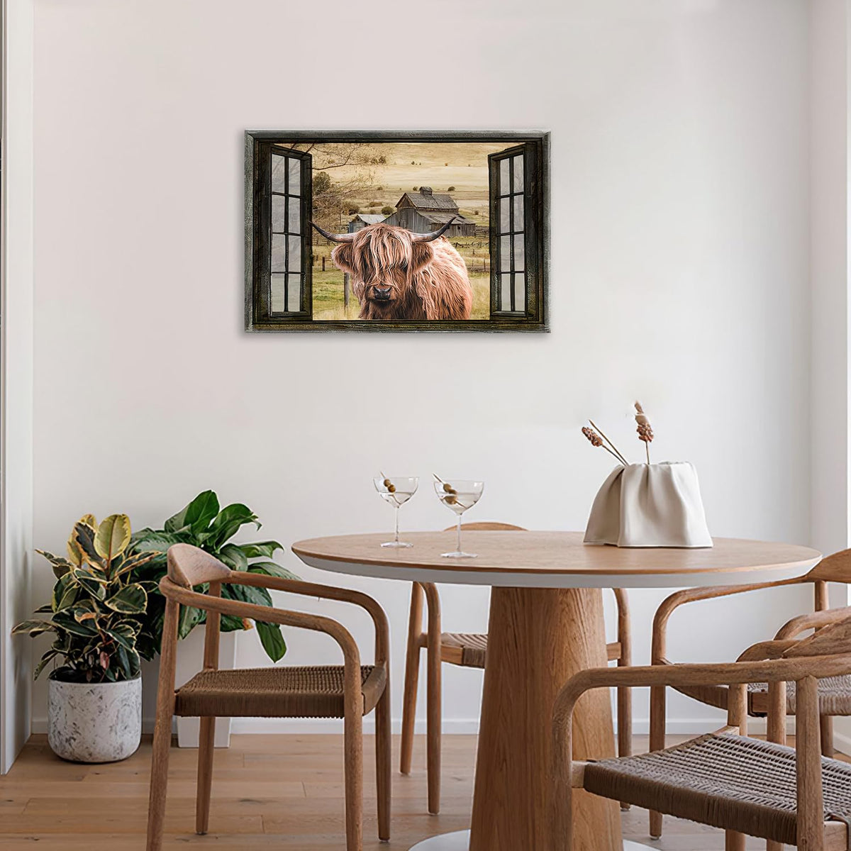 Highland Cow Wall Art Rustic Window Highland Cow Pictures Wall Decor Farmhouse Country Barn Canvas Prints Decorations Painting Artwork Office Home Decor For Bathroom Bedroom Dining Room 16L" X 24W" (Highland Cow / 16"L x 24"W)