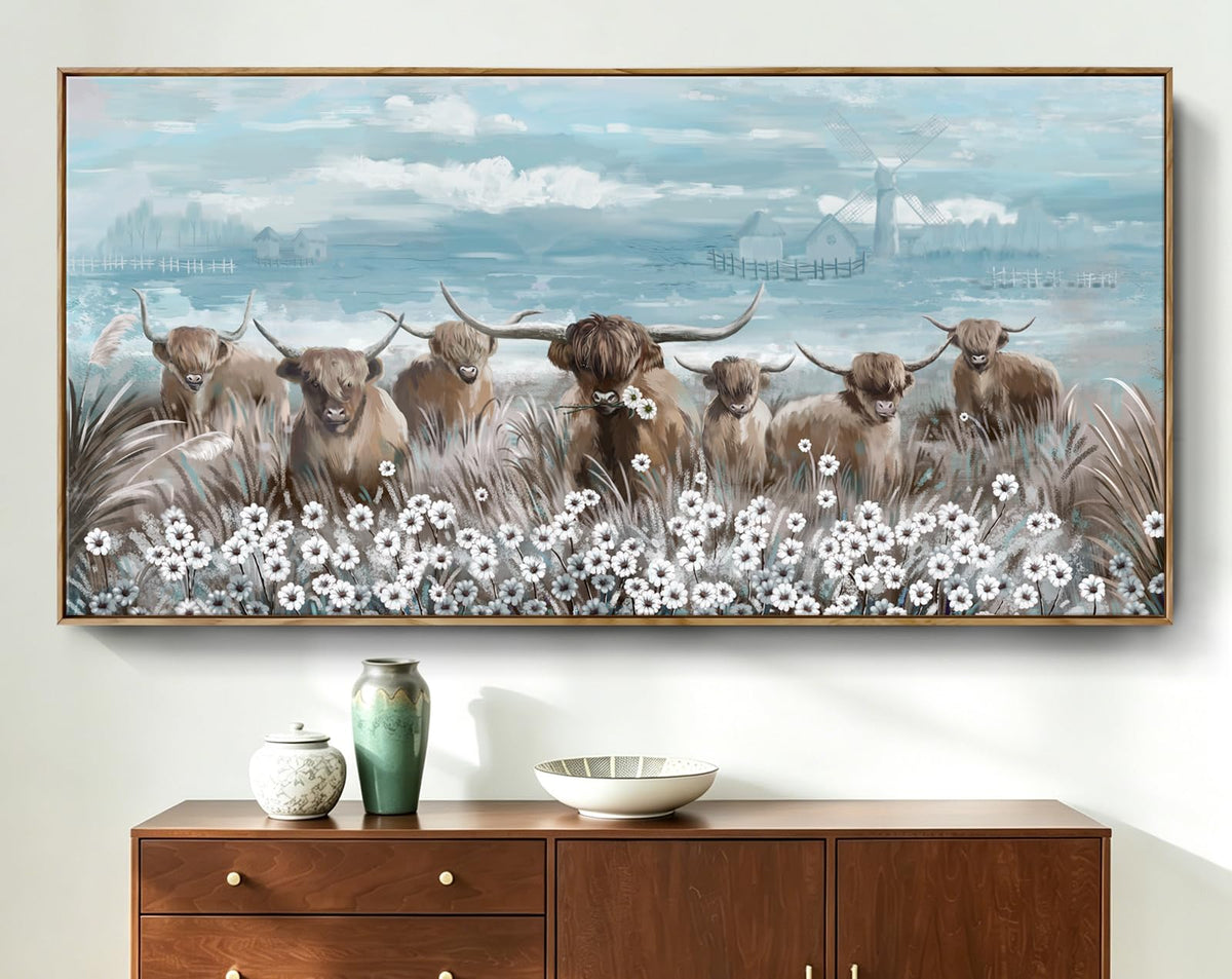 Extra Large Framed Wall Art for Living Room Big Boho Farmhouse Highland Cow Canvas Artwork Flower and Animal Picture Rustic Coastal Blue and Brown Decor for Office Bedroom Kitchen (Highland Cow Wall Art / 58"L x 29"W)
