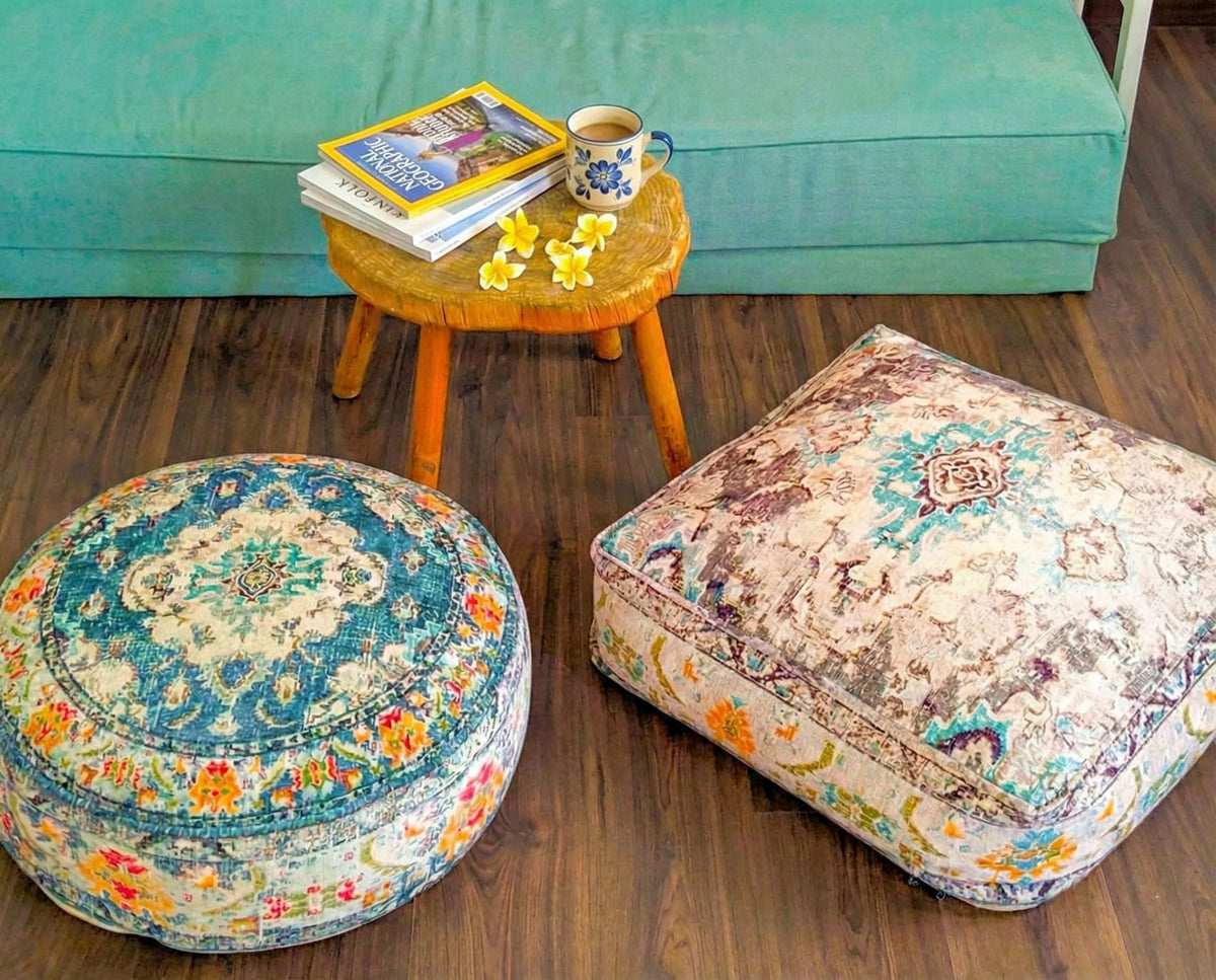 Moroccan Floor Pillow Cover Blue Round Floor Cushion Boho Room Décor Moroccan Seating Area Perfect Pouf Ottoman for Living (24x8 Cover Only / Blue)