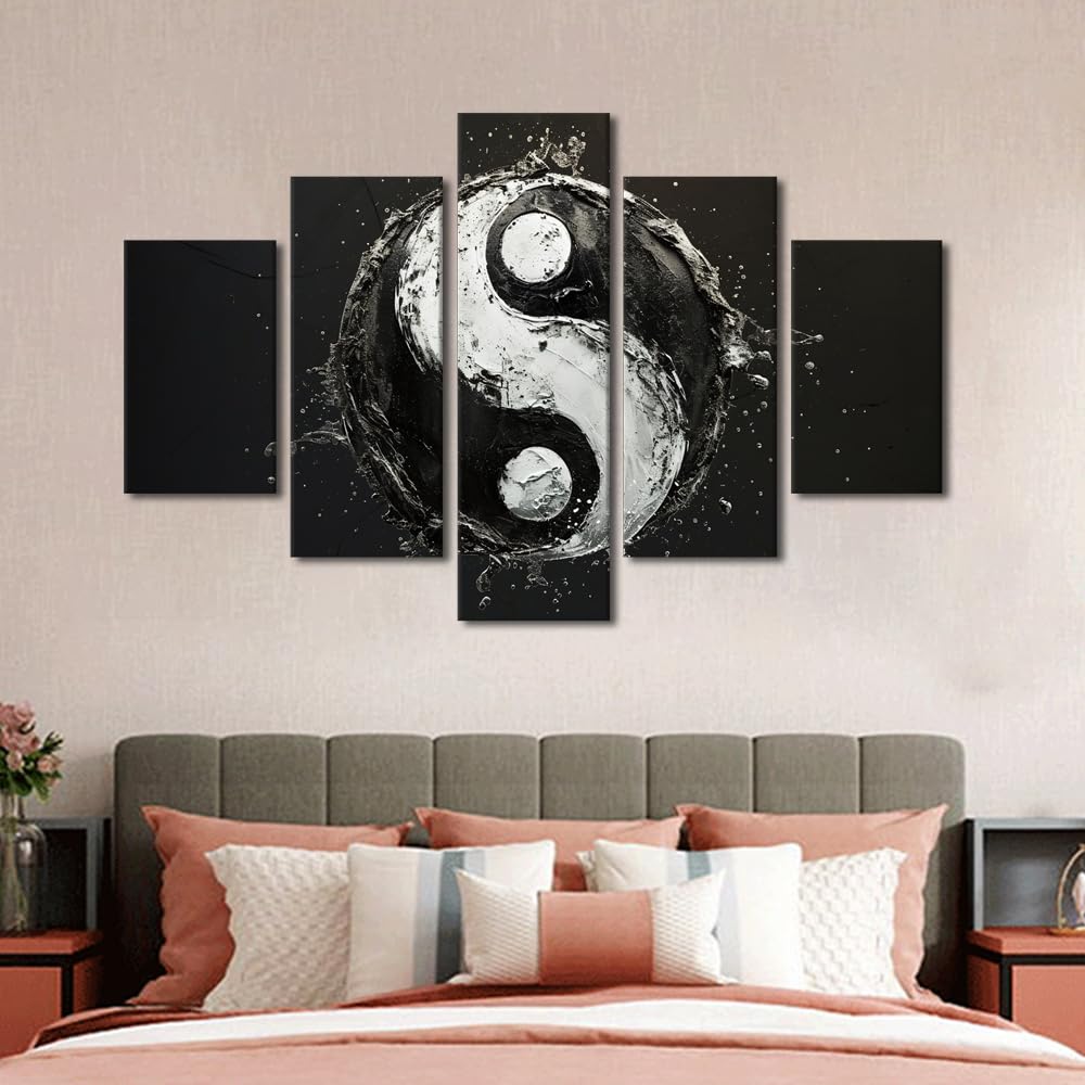 Canvas Wall Art Oversized Water Effect Yin Yang Design Stretched Framed Painting Five Piece Set Spa Bathroom Decor Meditation Space Wall Art Ready to Hang 60" Wx40 H‌ (60''Wx40''H / Artwork-07)
