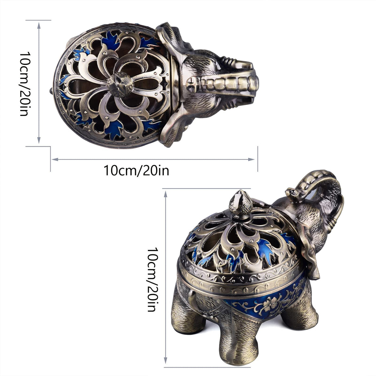 Metal Backflow Incense Holder Elephant Cone Incense Burner Candle Holder with Lid (Navy Blue)