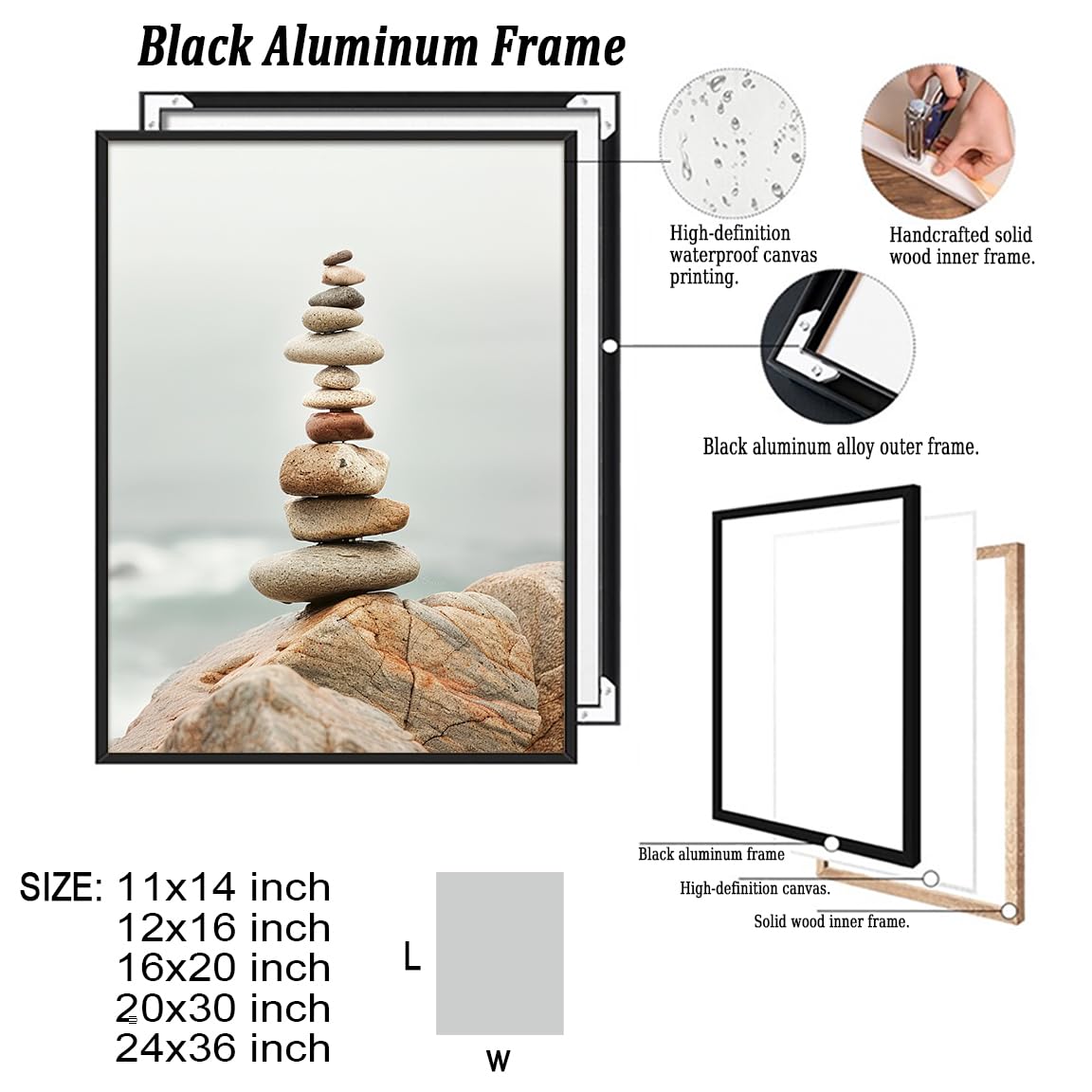 Tall Zen Rock Stack Wall Art (Black Aluminum Frame-7 / 16"L x 20"W)