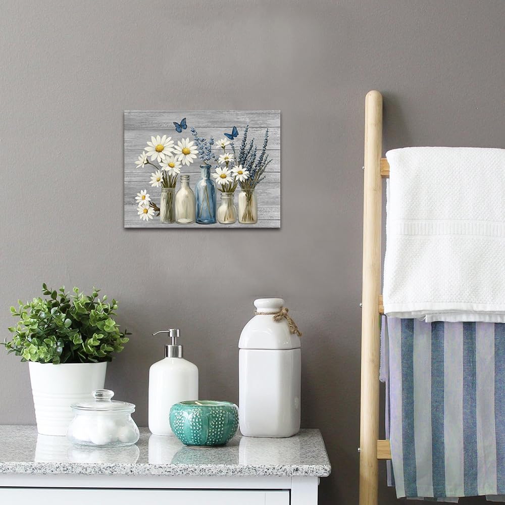 Daisy Canvas Wall Art Rustic Bathroom Decor Blue Butterfly Lavender Prints Flower Picture Farmhouse Framed Artwork 12x16inch (White and Blue / 16"L x 12"W)