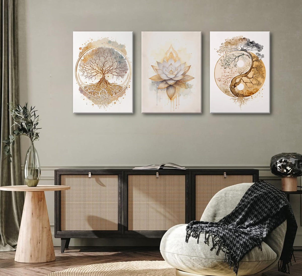 Tree of Life Canvas Wall Art Lotus Zen Painting Picture Wall Decor Abstract Yin Yang Fall Art Poster Print Artwork for Living Room Yoga Room Hotel Bedroom Home Decoration (Canvas Wrapping / 16"L x 12"W)