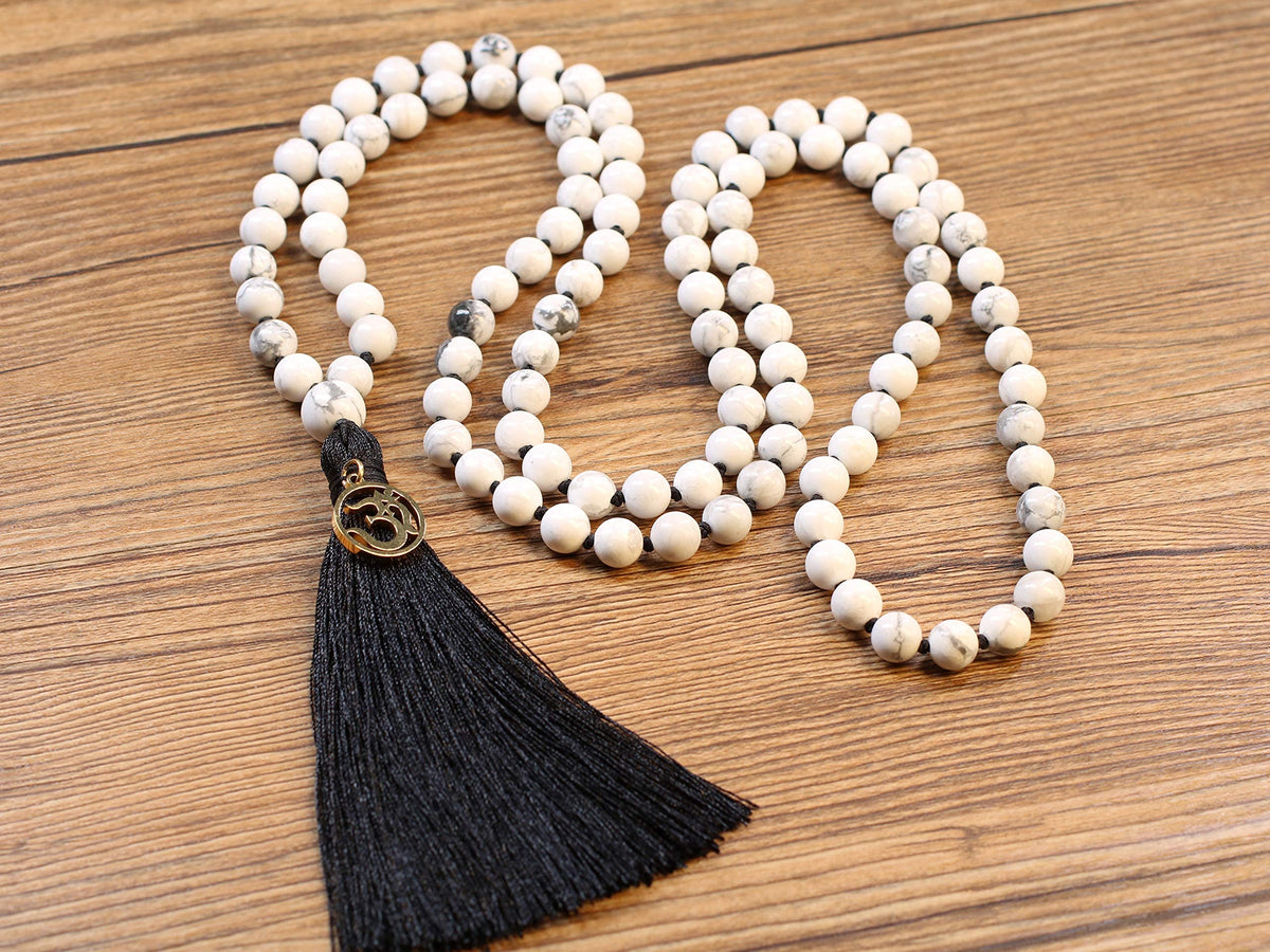 OM Charm Hand Knotted Tassel 108 Mala Beads Howlite Stone Beaded Necklace 8mm (8mm / Howlite)