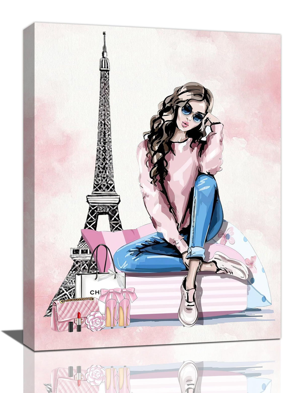 Paris Fashion Girls Wall Art Pink Eiffel Tower Pictures Decor Female Makeup Canvas Painting Print Home Artwork Decorations for Bathroom Living Room Bedroom 12 x 16 inch (16"L x 12"W / Fashion)