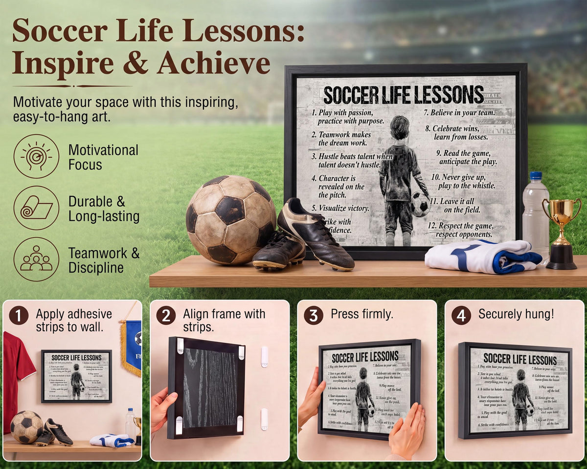 Black Framed Kid Soccer Life Lessons Canvas Wall Art 16x24in (Boy Soccer / 24"L x 16"W)