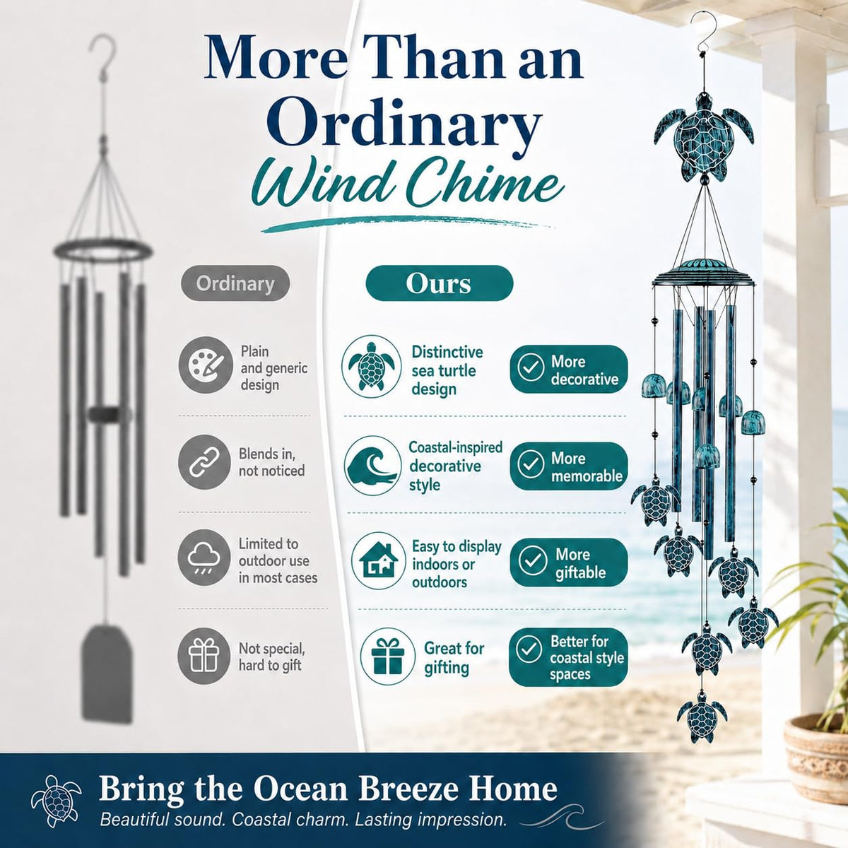 Wind Chimes Sea Turtle Wind Chime for Outside with 4 Aluminum Tubes (Turtle)