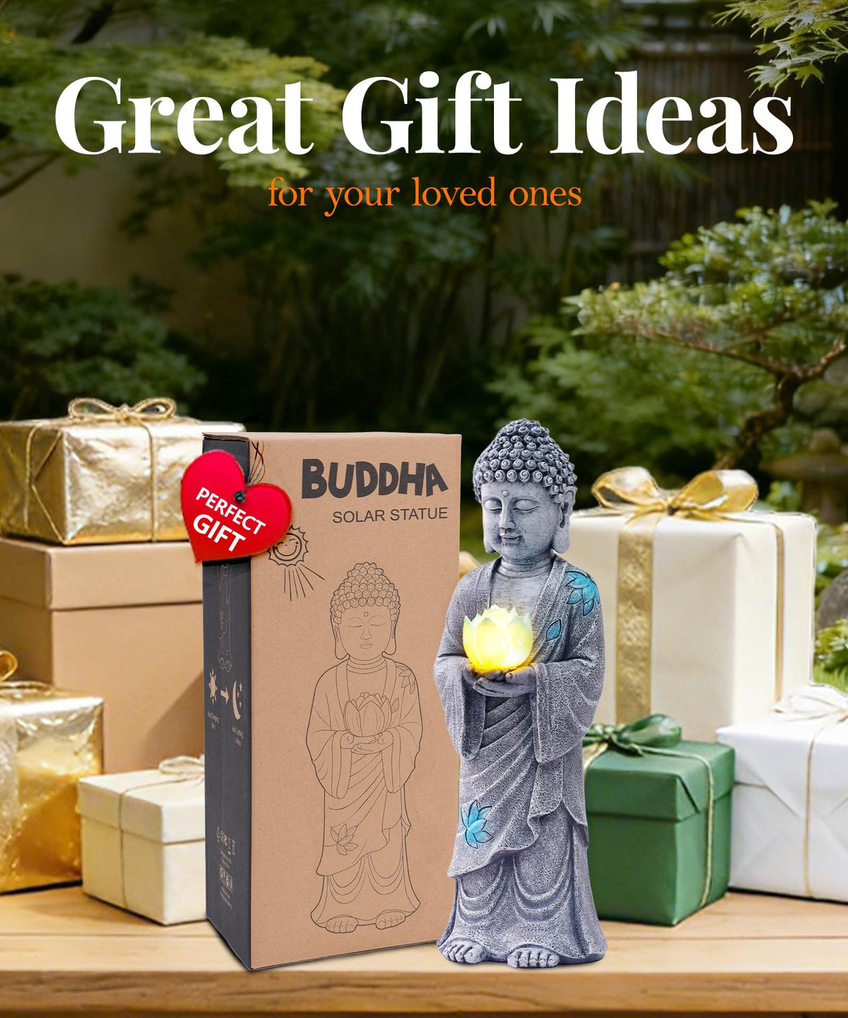 Solar Buddha Garden Statue Decor (37cm Grey)