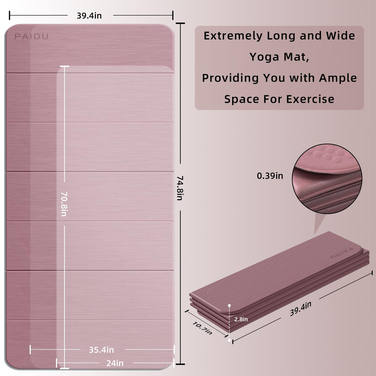 Foldable Yoga Mat 10MM Thick 75‘’x40‘“ Quick Fold Easy Storage (Deep Pink)