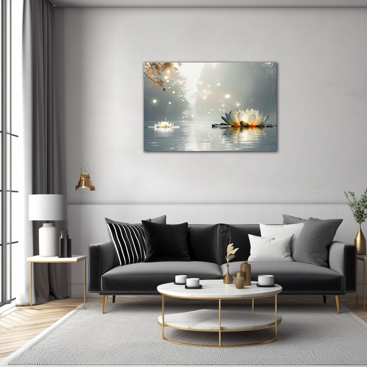 Zen Wall Art White Lotus Flower Canvas Art Print for Spa Bathroom Decor (Zen Stones Canvas Frame-24 / 40"L x 28"W)