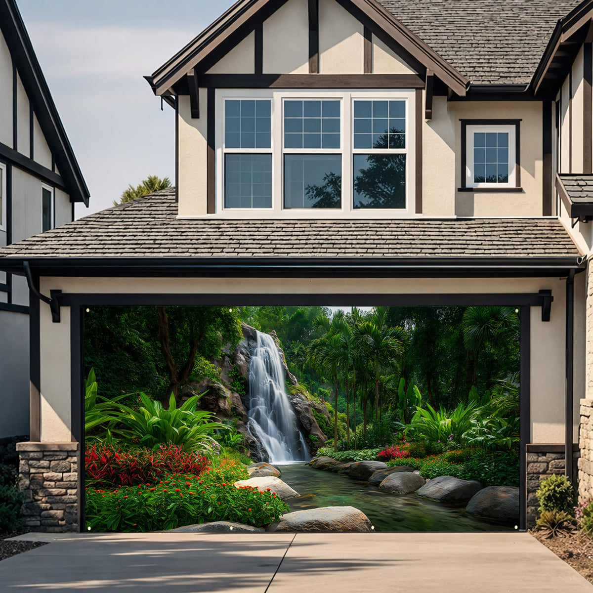 Waterfalls Garage Door Cover Banner (Green Scenic Waterfall)