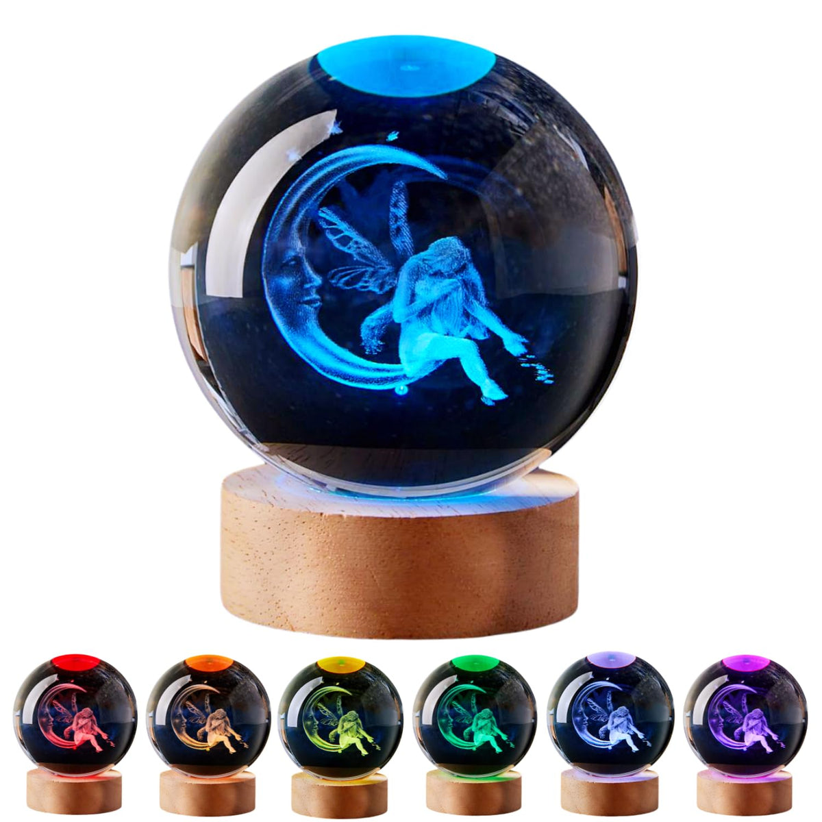 Large Moon&Fairy Crystal Ball Night Light with Woodern Base (Moon&Fairy)