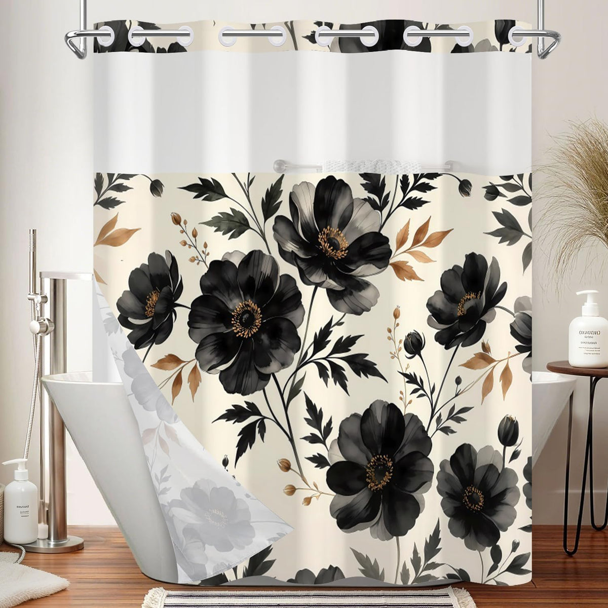 Black Floral Shower Curtain with Snap in Liner (Black Floral)