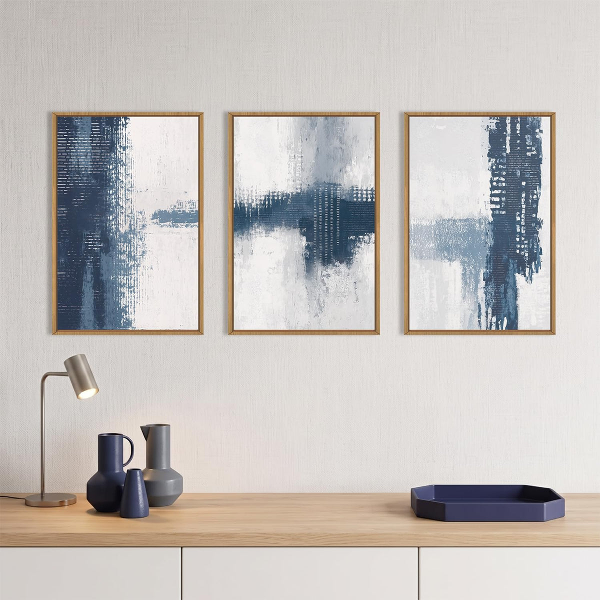 Abstract Navy Blue Grey Framed Canvas Wall Art Set (Blue White Wall Art / 24"L x 36"W)