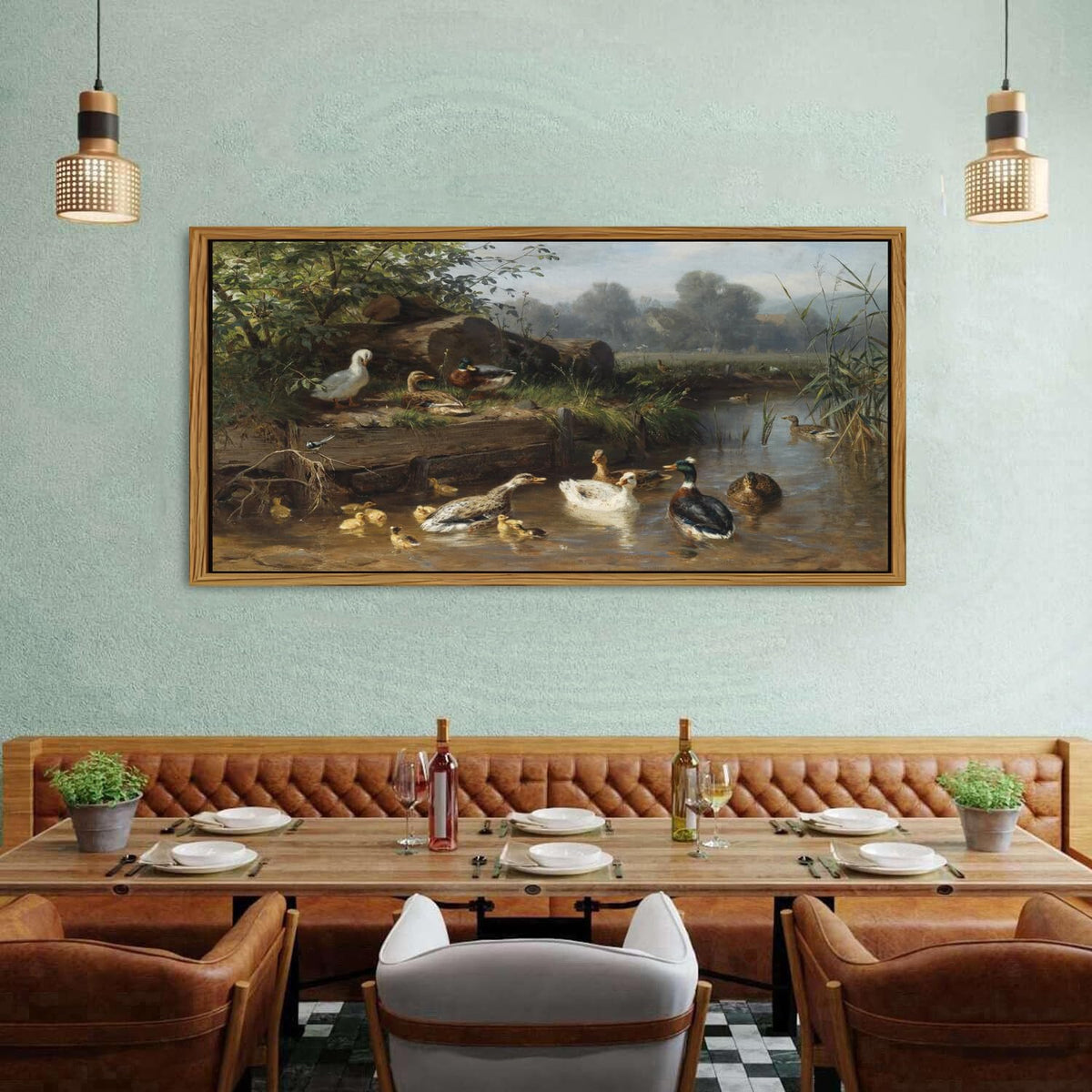 Framed Vintage Animal Wall Art Countryside Duck Wall Decor Rustic Duck Scenic Picture Canvas Prints Painting Abstract Nature Funny Poster Artwork for Living Room Bedroom Office Home Decorations 30x57.8" (30"L x 57.8"W / Duck)