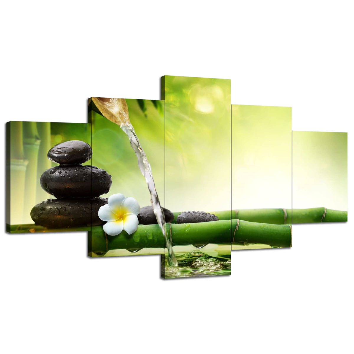 Zen Basalt Stones and Bamboo Wall Art Yoga Spa Canvas Printed Wall Decor Green Picture Poster Painting Framed for Office Living Room Bathroom Decoration 5 Panels Ready to Hang (60Lx 32W-14)
