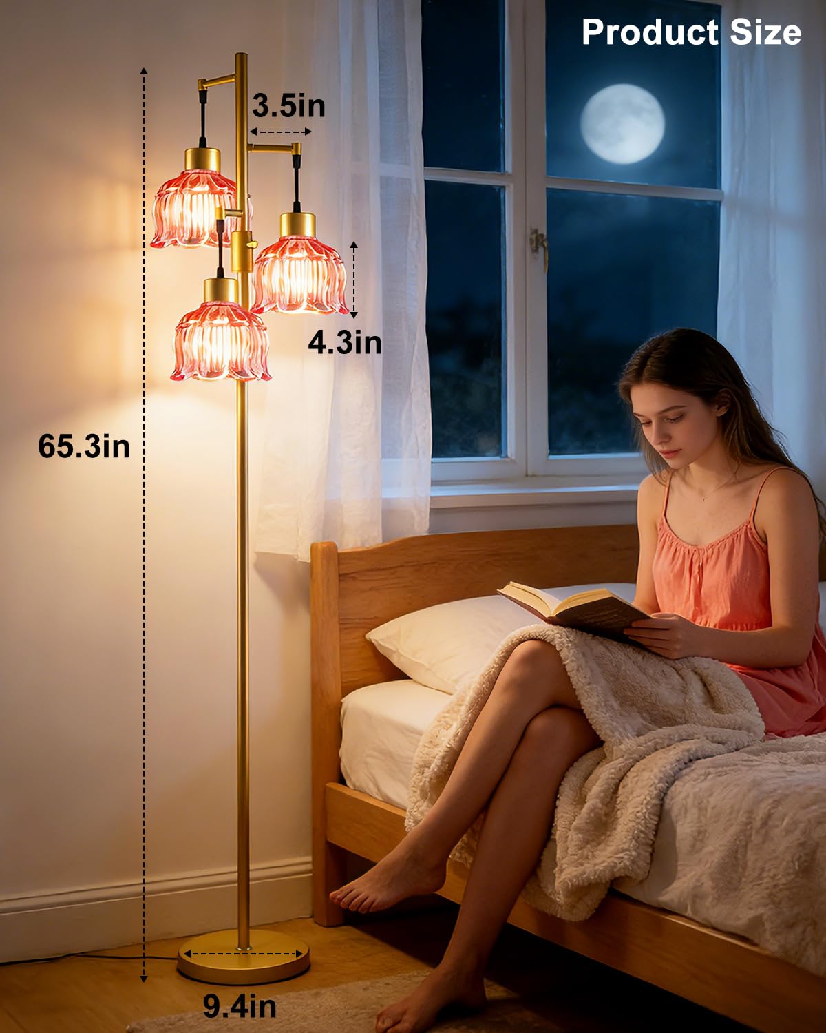 Floral Floor Lamp Dimmable Floor Flower Lamp Red Glass Shade (3 Deep Red Cloche Hat-Gold)