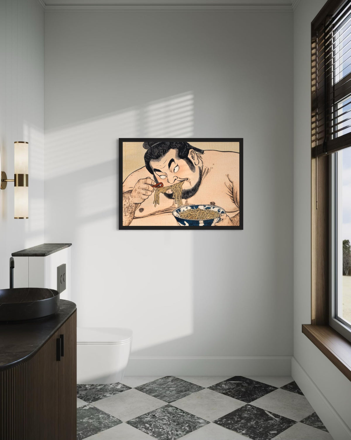 Sumo Wrestler Eating Black Framed Wall Art Print Poster (Sumo Wrestler Eating / 20"L x 16"W)