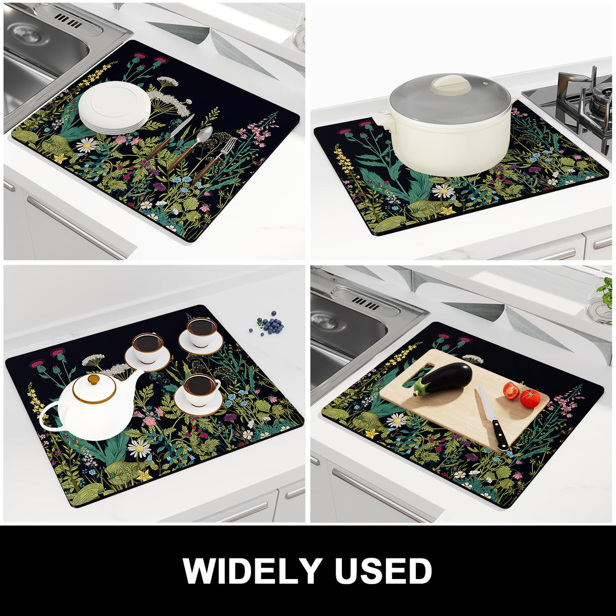 Dish Drying Mat for Kitchen Counter (Midnight Flower / 16" x 18")