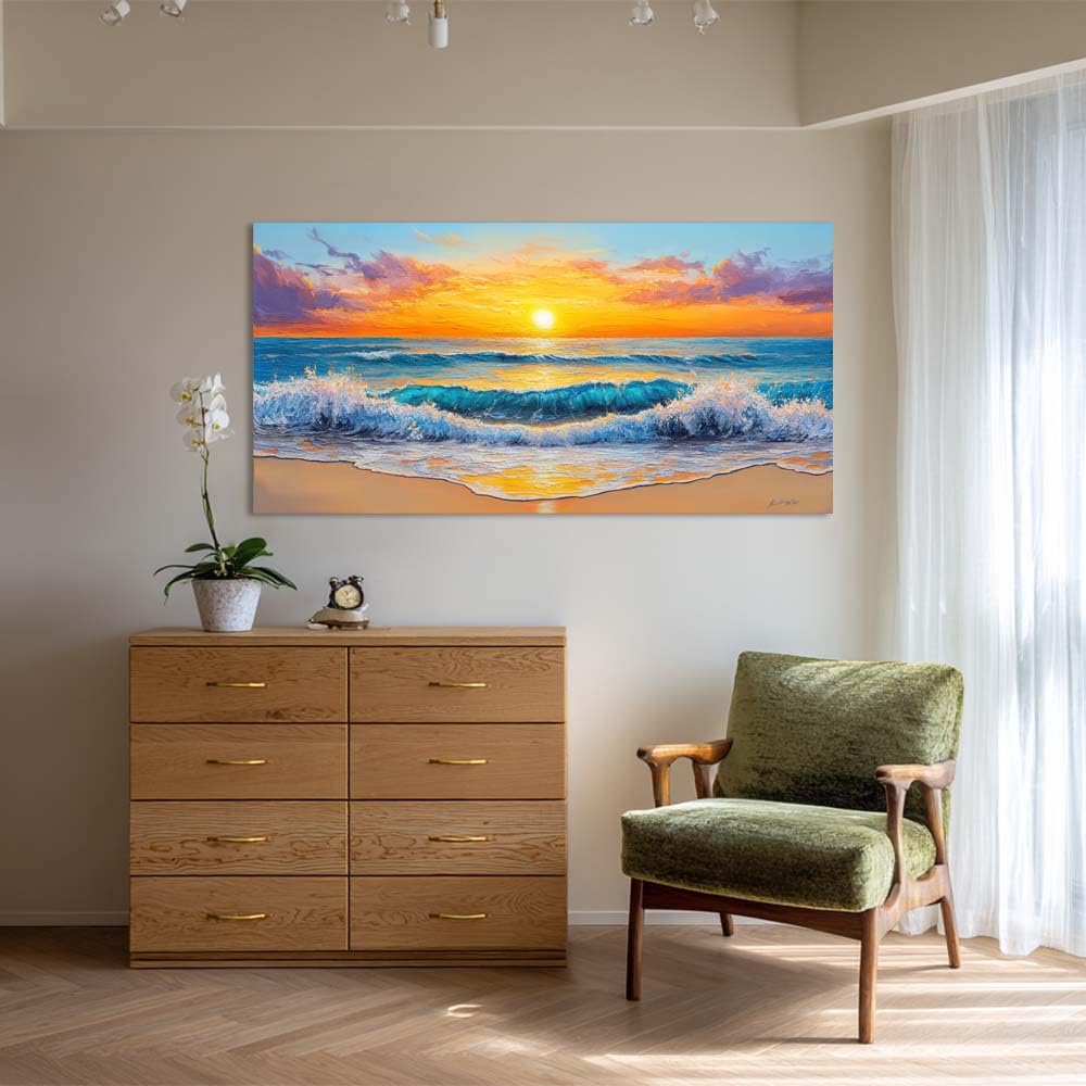 Modern Coastal Canvas Wall Art Beach Sunset Ocean Landscape Painting Flat Print Gallery Wrapped Nautical Farmhouse Home Artwork for Living Room Bedroom Bathroom Decor (Abstract / White Ocean Wave Sunset 16 / 58"L x 28"W)