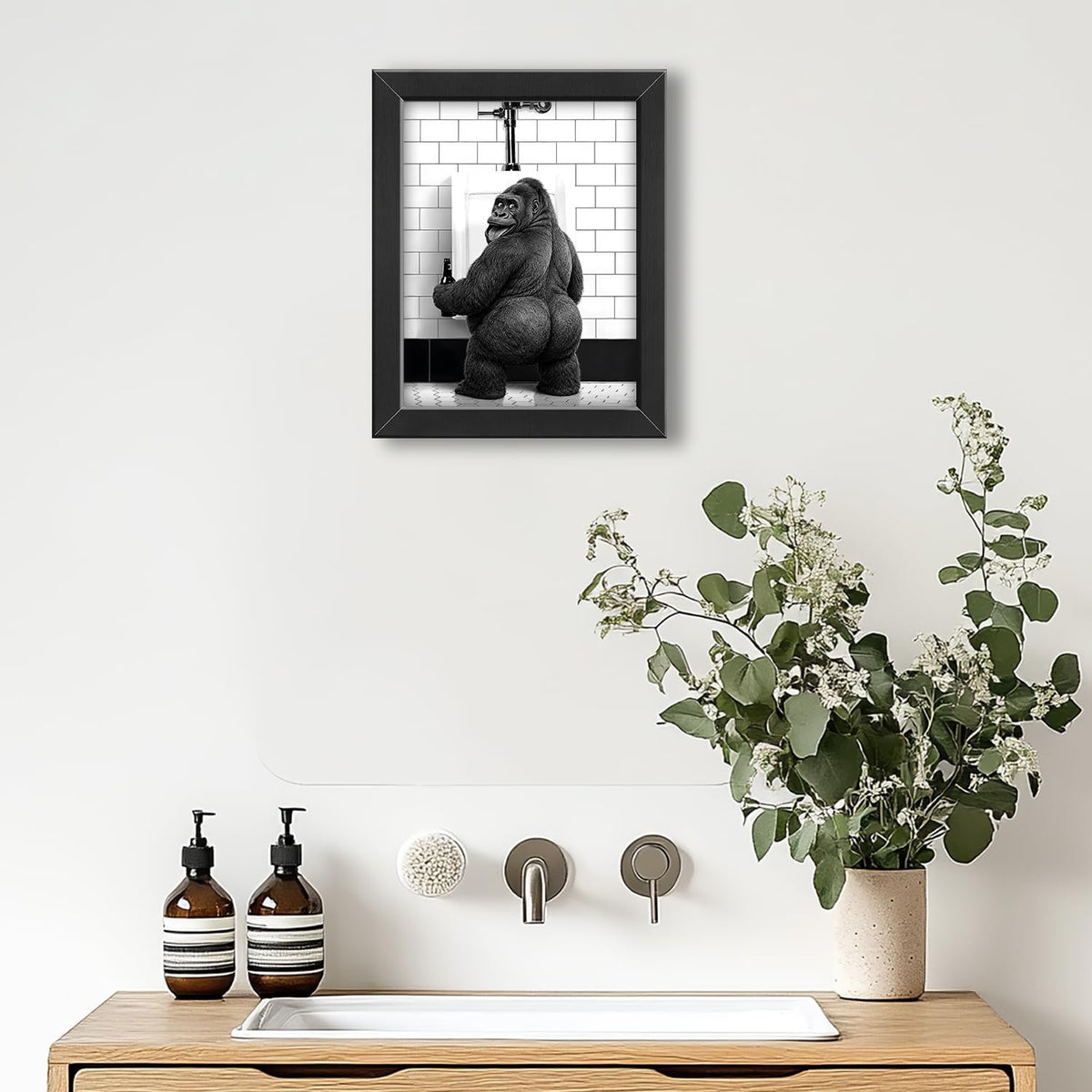 Funny Bathroom Wall Art Framed Gorilla Bathroom Decor (Framed Bathroom Art 5 / 10"L x 8"W)
