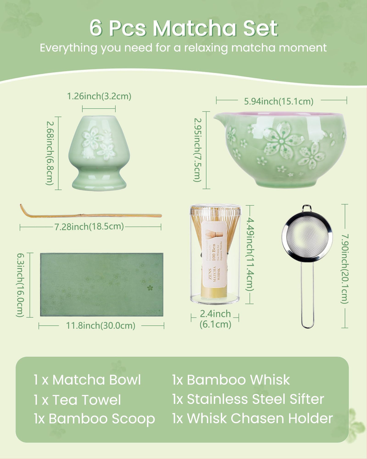Premium Matcha Whisk Set (15-Light Sakura Green / 6 Pcs)