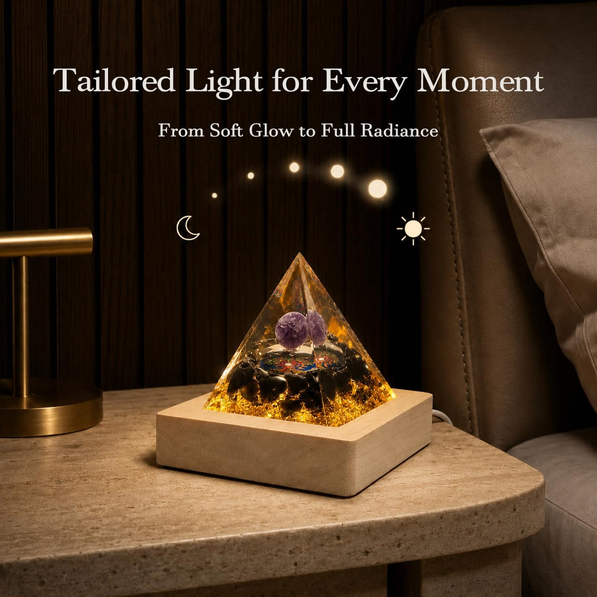 Orgone Pyramid Lamp with LED Wooden Base (Plug-in-Protective Shield)