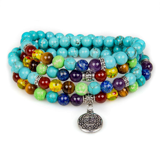 108 Mala Beads Necklace 7 Chakra Tree of Life Pendant Bracelets (Turquoise-OM-Buddha-8MM)