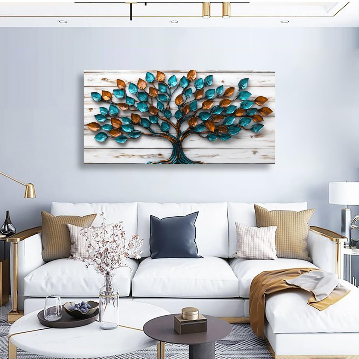 Tree of Life Teal Gold Tree Leaves Pictures Canvas Wall Art for Living Room Office Bedroom Abstract Wall DecorArt Print Paintings Modern Metal Tree Wood Plank Artwork Waterproof to Hang (40"L x 20"W / Teal Gold Tree Leaves)
