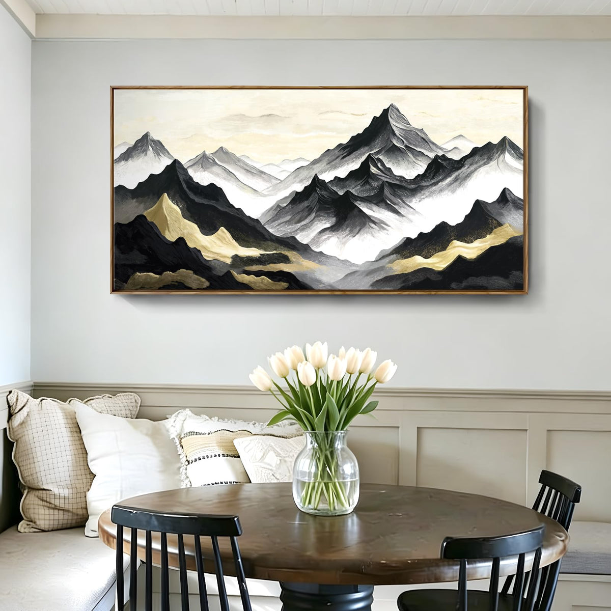 Framed Mountain Wall Art Modern Ink Artwork For Bedroom 48X24 In (Black Mountain Wall Art / 48"L x 24"W(Framed))