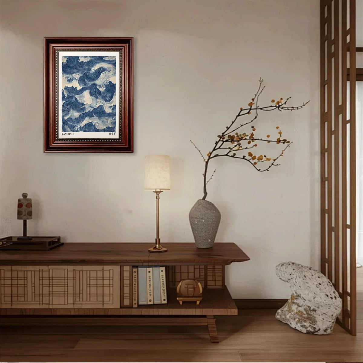 Dark Brown Framed Japanese Blue Waves Canvas Wall Art 16x24 in (Blue Waves / 24"L x 16"W)