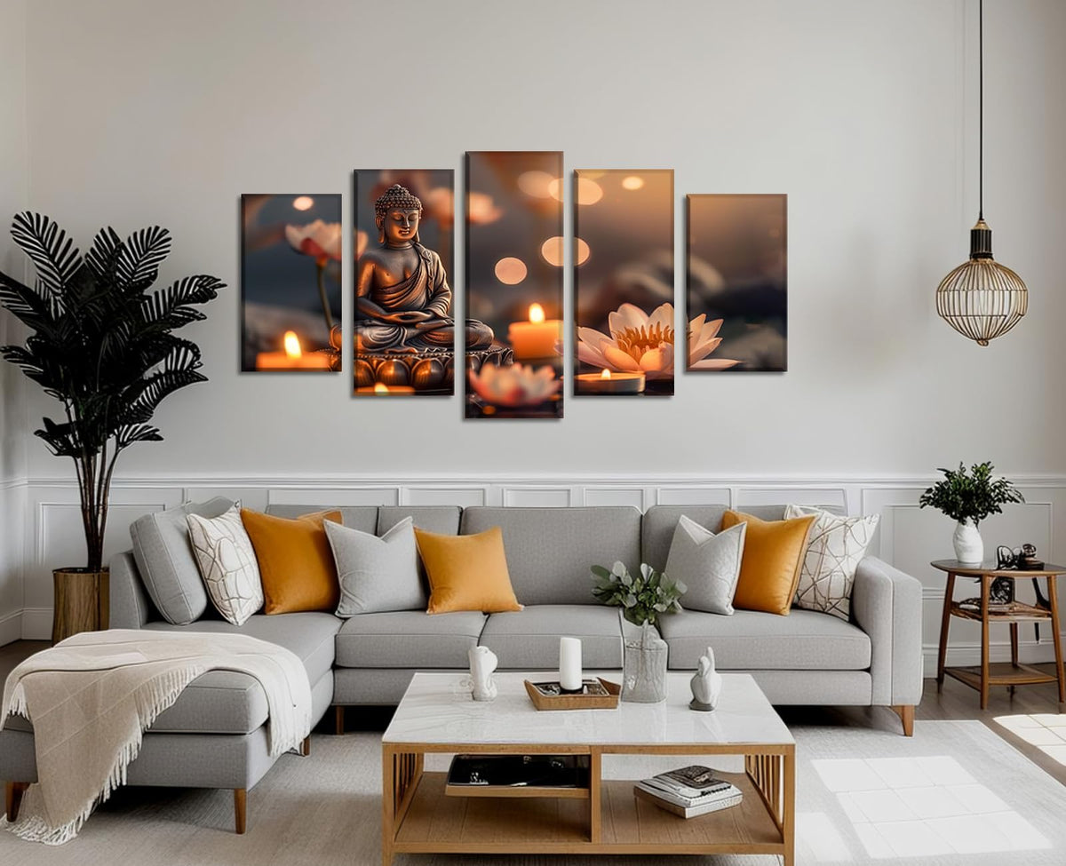 Buddha Wall Art for Living Room Large 5 Piece Zen Picture Candle & Lotus Canvas Prints Meditative Artwork for Spiritual Yoga Room Home Decor Framed Ready to Hang (60x40 inch / Picture-9)