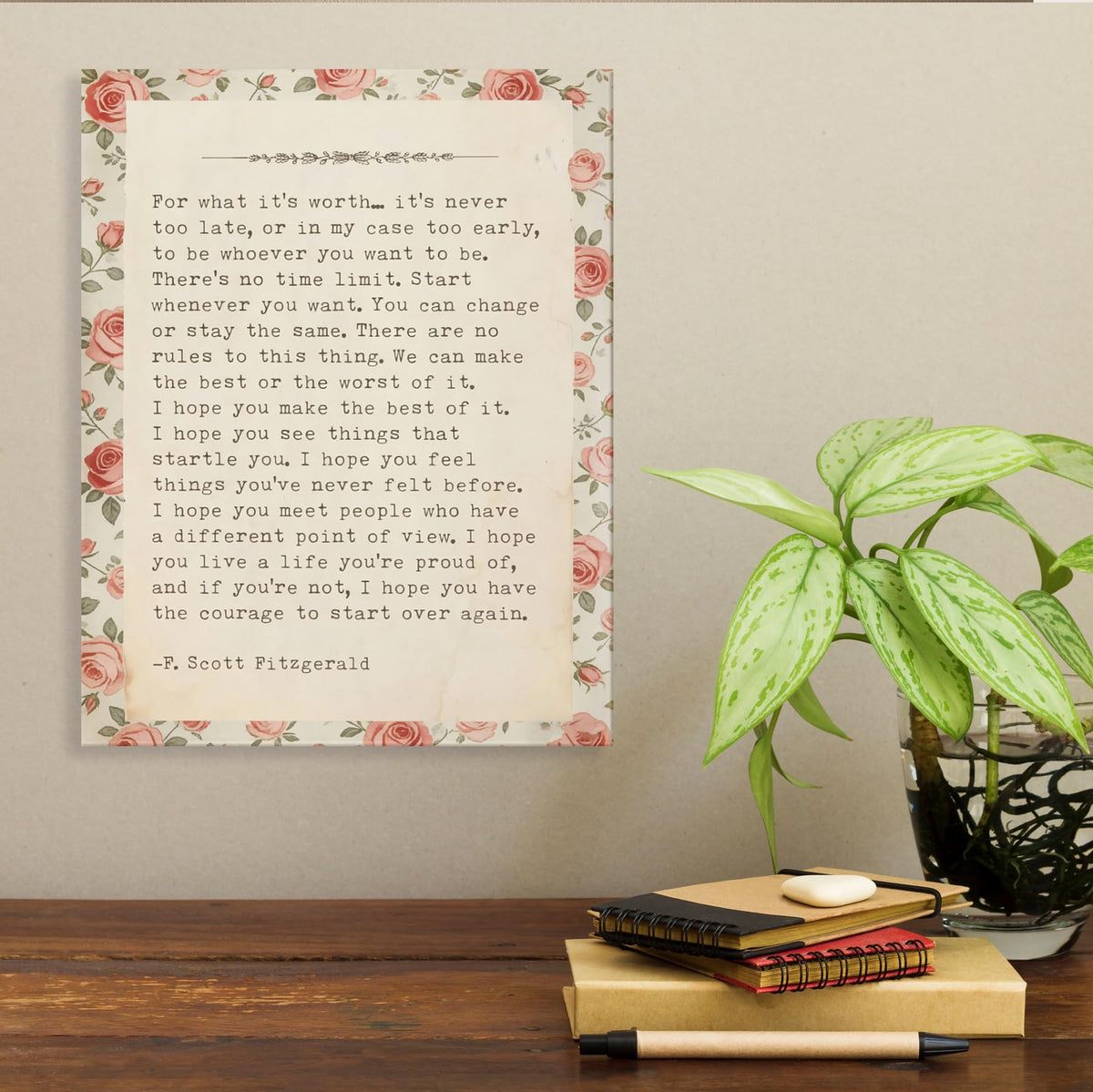 Inspirational Book Quote Wall Art Decor 11x14 Inches (Literary Pink Floral)