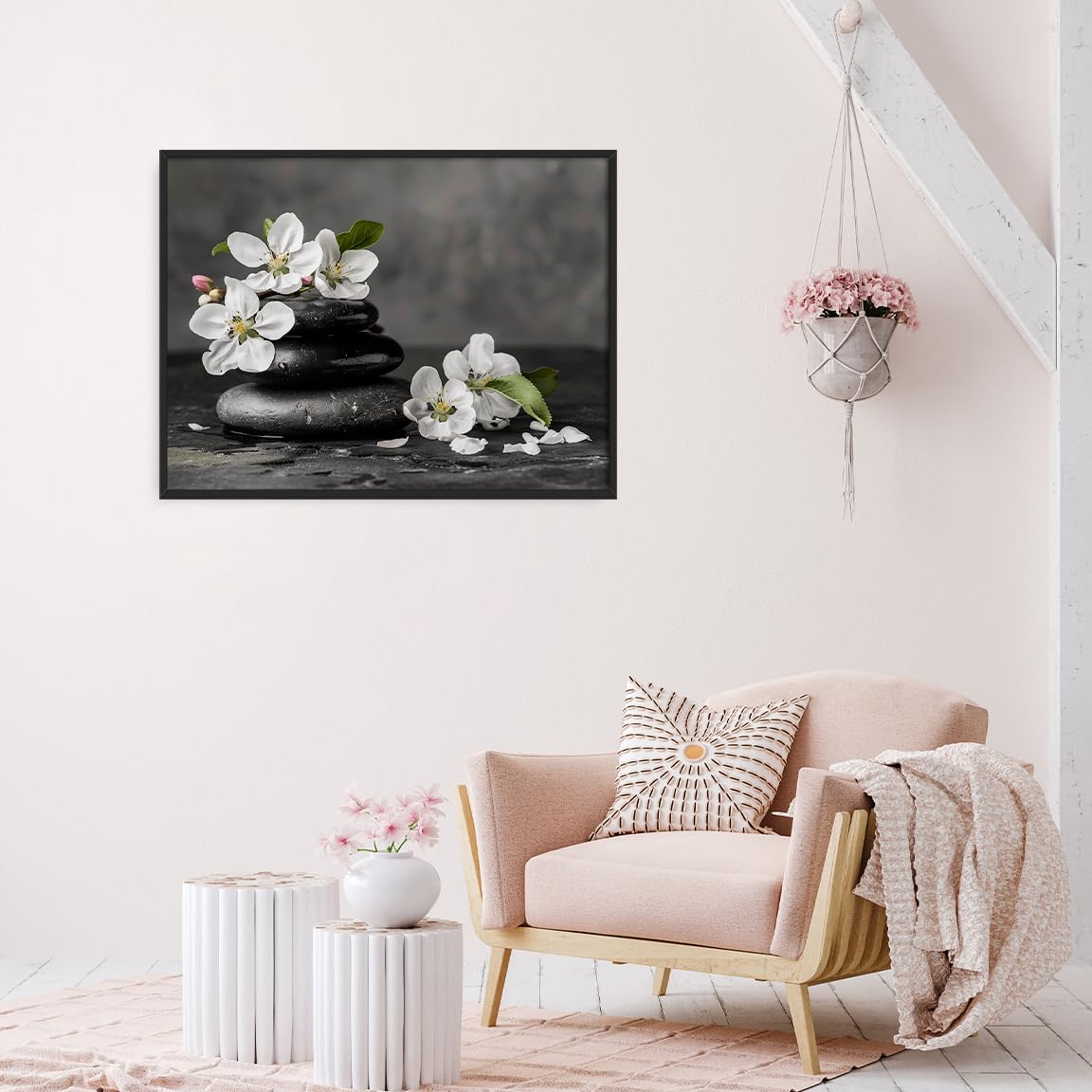 Zen Black Stones and White Flowers Wall Art (Black Aluminum Frame-9 / 20"L x 30"W)