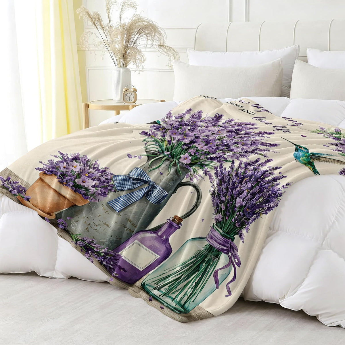 Lavender Fleece Blanket Hummingbird Floral Blanket Gift Room Decor 50"x60" (Lavender / 50"X60")