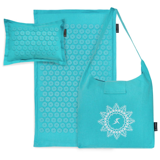 Fit Ki Acupressure Mat and Pillow Set with 100% Natural Linen for Back (Bahama Blue)