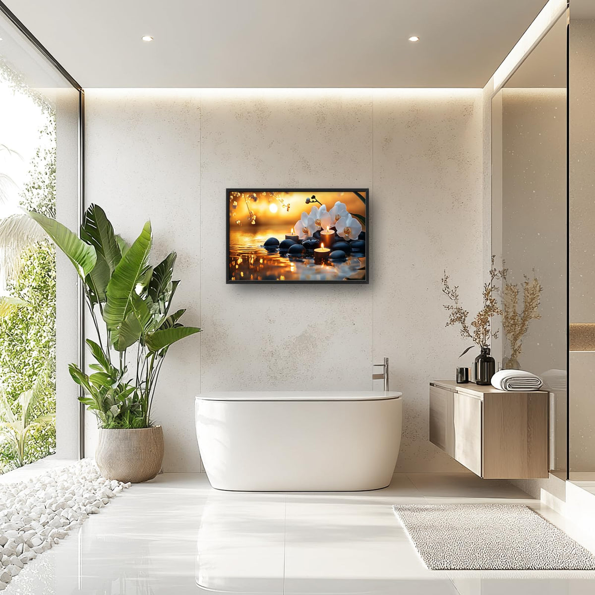 Zen Large Wall Art Candle Spa Stones Framed Wall Decor Orchid Meditation Spiritual Relaxing Canvas Pictures Painting for Yoga Living Room Bedroom Bathroom 24"x36" (Zen Black Stones / 36"L x 24"W)