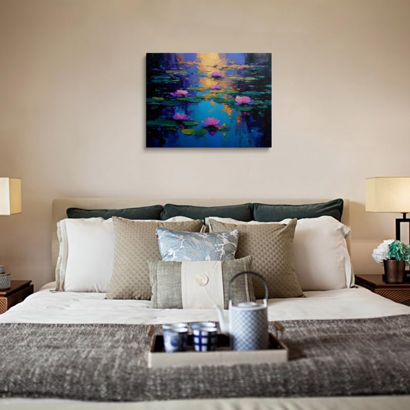 Calming Water Lilies Canvas Wall Art Framed Impressionist Painting Pink Blooms on Serene Pond Textured Brushstrokes Blue Turquoise Reflection Zen Wall Decor Artwork Poster 16x24 Inches (Water lilies / 24"L x 16"W)