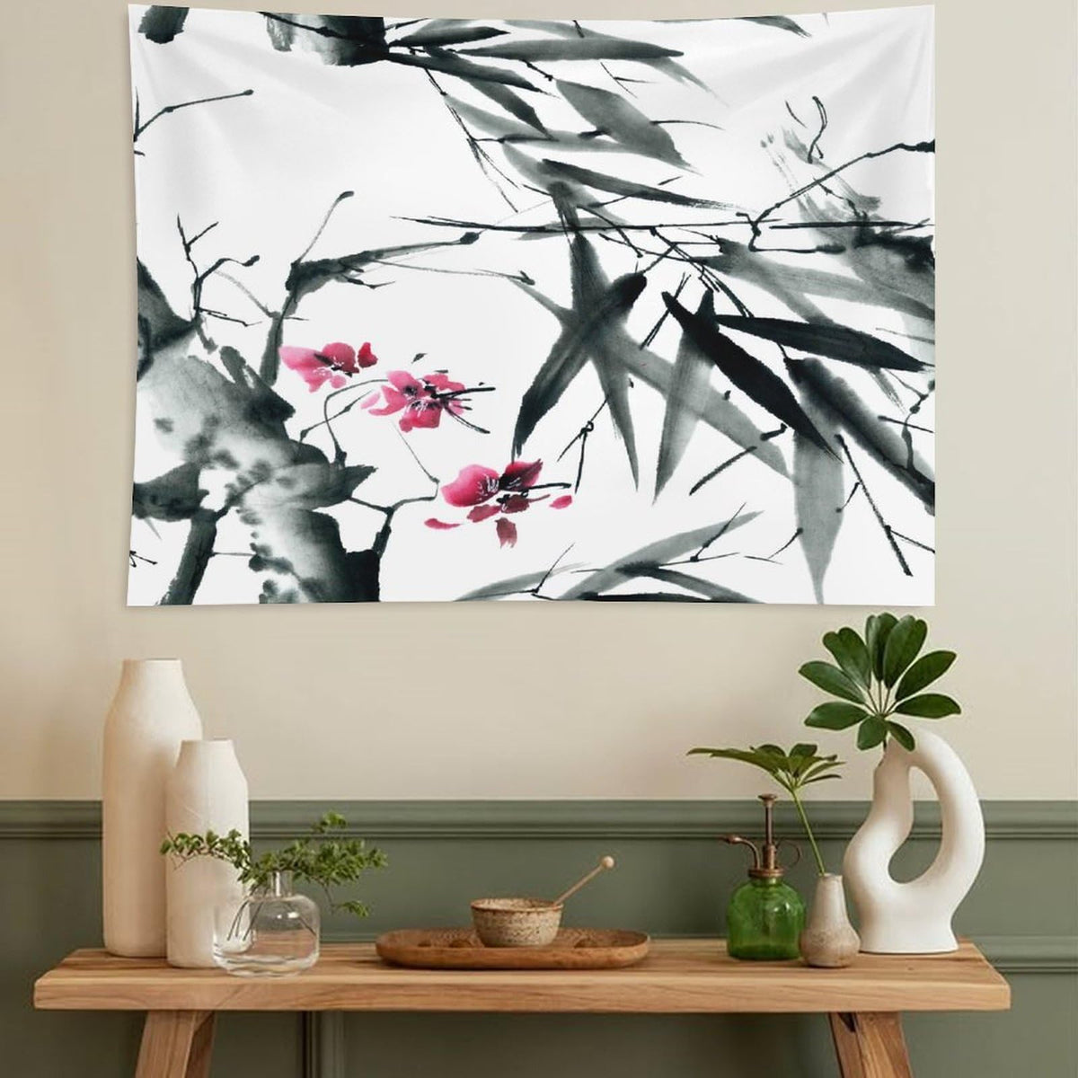 Bamboo Tapestry Wall Hanging Natural Bamboo Stems Cherry Blossom Japanese Inspired Folk Tapestries Home Decor for Living Room Bedroom Apartment Farmhouse Dorm 60"x80" (60"L x 80"W / Bamboo-10)