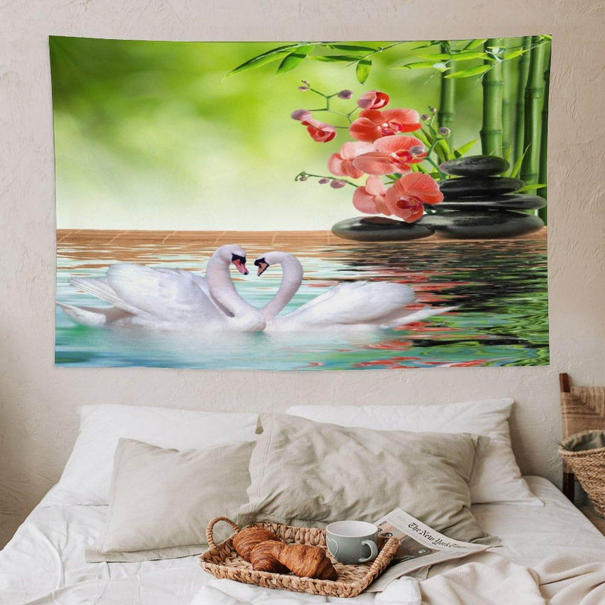 Spa Tapestry Wall Hanging Bamboo Orchid Red White Swan Spa Meditation Relaxing Art Tapestries Home Decor for Living Room Bedroom Farmhouse Kitchen Dorm 40"x60" (40"L x 60"W / Zen-6)